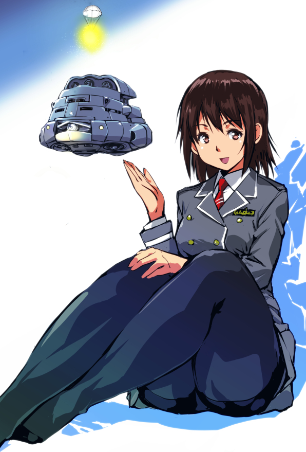 1girl airborne_laser aircraft aircraft_artillery arm_up artillery autocannon black_pantyhose brown_eyes brown_hair buttons cannon commentary double-breasted energy_cannon energy_weapon female_focus flare godzilla_(series) grey_jacket grey_skirt gunship jacket japan_air_self-defense_force japan_self-defense_force kamisimo_90 kneepits laser_cannon long_sleeves looking_at_viewer military military_uniform military_vehicle missile_launcher missile_pod open_mouth original pantyhose parachute pleated_skirt red_neckwear school_uniform shirt short_hair sitting skirt solo spotlight super-x the_return_of_godzilla toho turret vtol weapon white_shirt