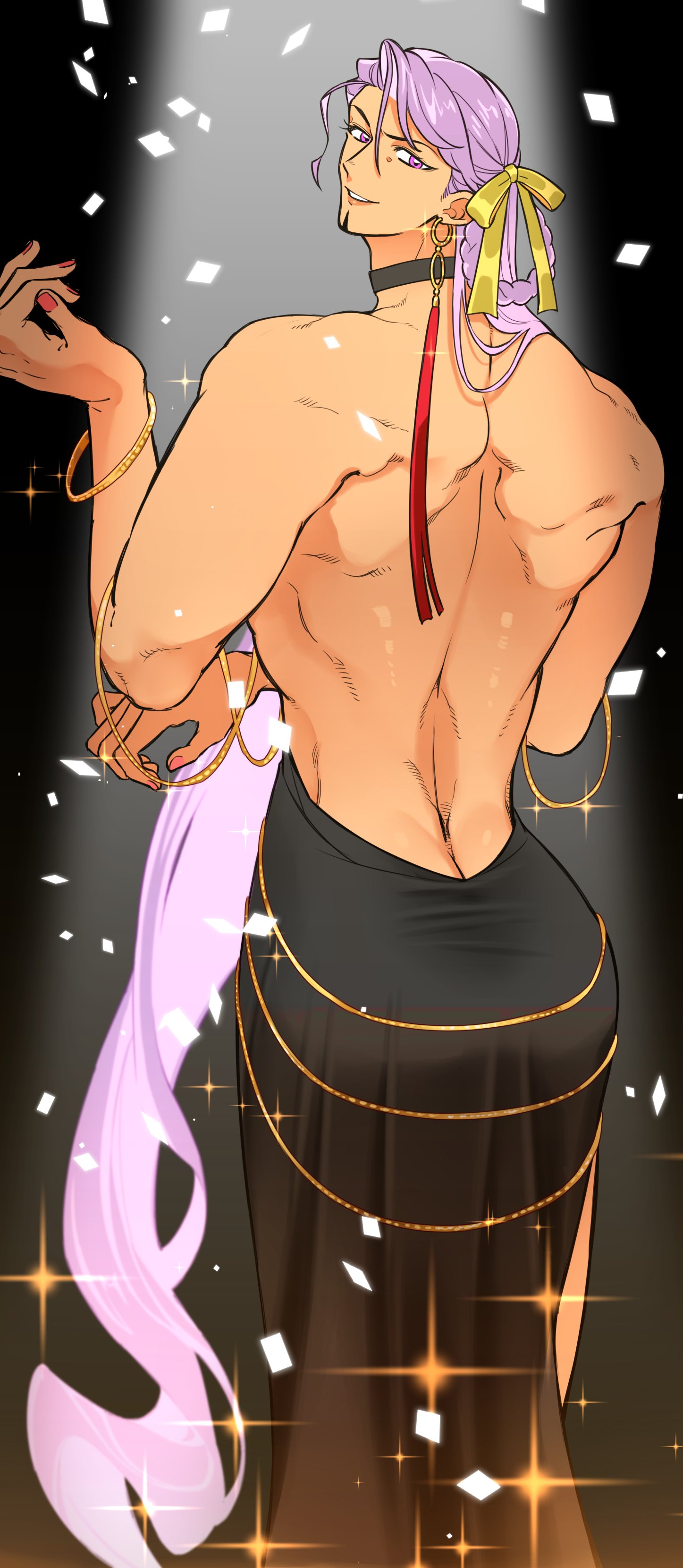 1boy absurdres ass back_muscles backless_dress backless_outfit bara bb_dubai_(fate) bb_dubai_(fate)_(cosplay) black_dress bracelet braid braided_hair_rings cosplay crossdressing dress duryodhana_(fate) earrings fabulous facial_hair falling_petals fate/grand_order fate_(series) from_behind glint goatee goatee_stubble hair_ribbon hair_rings highres jewelry large_hands long_hair looking_at_viewer looking_back lywo_n_candy male_focus mature_male muscular muscular_male petals purple_eyes purple_hair ribbon solo sparkle standing stubble thick_eyebrows yellow_ribbon