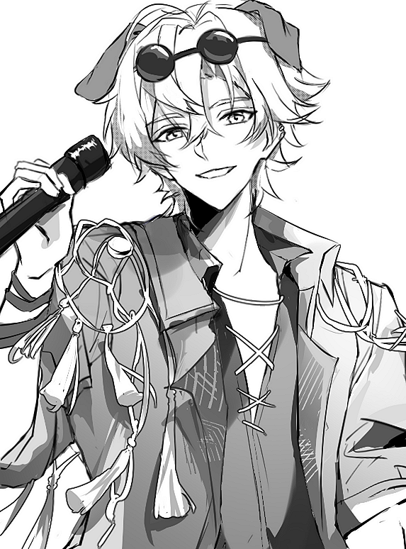 1boy ahoge animal_ears arknights bracelet bunny230 chinese_commentary commentary_request dog_boy dog_ears dreamcatcher hair_between_eyes hand_up holding holding_microphone jacket jewelry looking_at_viewer male_focus messy_hair microphone monochrome open_clothes open_jacket open_shirt shirt single_hair_intake smile solo string sunglasses teeth tequila_(arknights) tequila_(top_tier_live)_(arknights) thick_eyebrows white_background white_string
