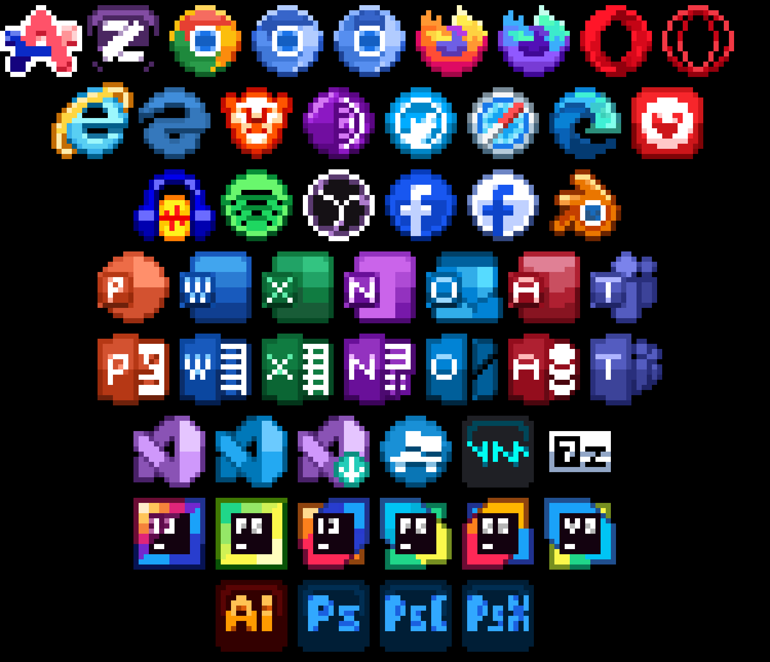 adobe_illustrator adobe_photoshop audacity black_background blender_(medium) blender_(software) chromium_(browser) commentary english_commentary facebook google_chrome highres icon_(computing) internet_explorer lizterzapzap microsoft_excel microsoft_office microsoft_onenote microsoft_outlook microsoft_powerpoint microsoft_teams microsoft_visual_studio mozilla_firefox no_humans obs_studio opera_(web_browser) pixel_art safari_(browser) simple_background spotify tor_browser vivaldi_(browser)