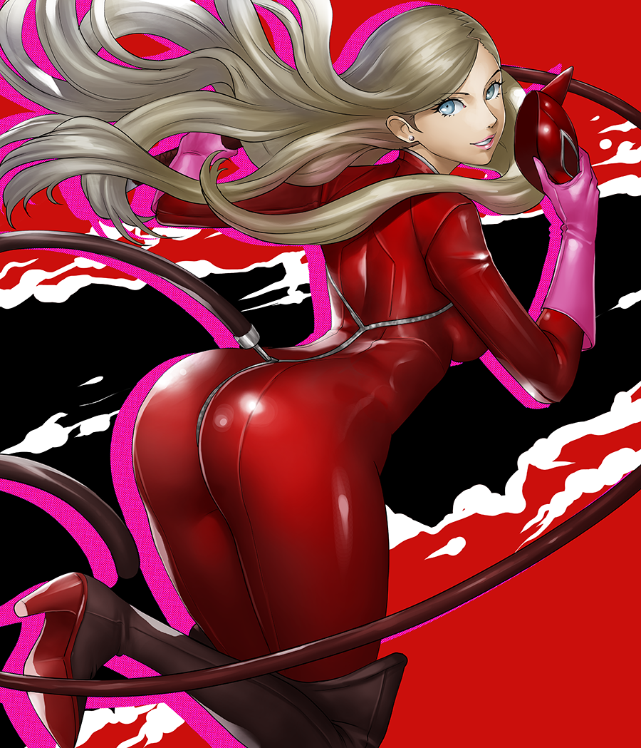 1girl ass blonde_hair blue_eyes bodysuit breasts cat_tail commentary commission english_commentary fake_tail floating_hair from_behind grin hair_down high_heels holding holding_mask holding_whip lips long_hair looking_at_viewer looking_back mask medium_breasts persona persona_5 red_background red_bodysuit rondeu skin_tight smile solo tail takamaki_anne very_long_hair