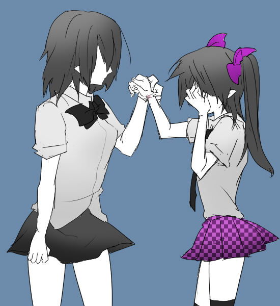 2girls breasts covering_face covering_privates female_focus hata-tan_(rui_(hershe)) himekaidou_hatate holding_hands monochrome multiple_girls necktie plaid_clothes plaid_skirt pointy_ears ribbon rui_(hershe) scar shameimaru_aya shirt simple_background skirt socks spot_color thighhighs touhou