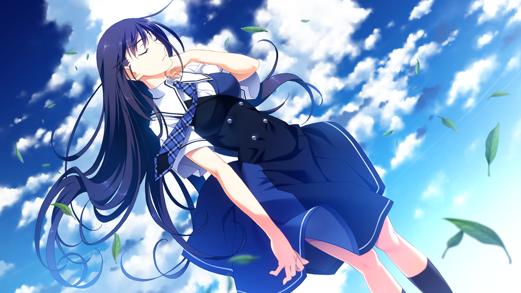 1girl black_dress black_hair black_socks blue_necktie breasts buttons closed_eyes closed_mouth cloud collared_shirt day double-breasted dress dutch_angle falling_leaves feet_out_of_frame floating_hair game_cg grisaia_(series) grisaia_no_kajitsu hand_on_own_cheek hand_on_own_face leaf long_hair looking_to_the_side medium_breasts medium_dress necktie non-web_source outdoors plaid_clothes plaid_necktie sakaki_yumiko school_uniform shirt short_sleeves sky socks solo standing very_long_hair watanabe_akio white_shirt wind