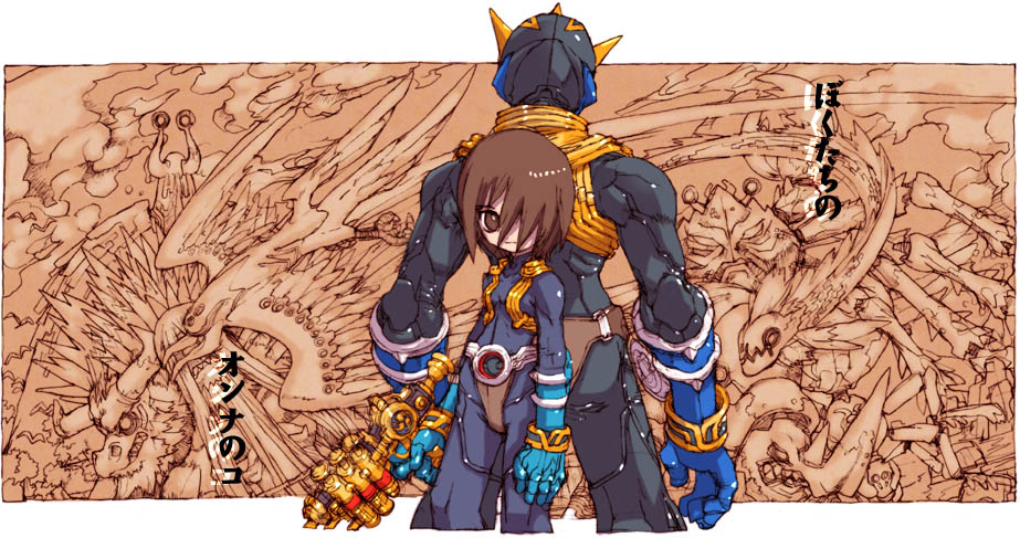 1girl amami_akira armor back-to-back belt bodysuit brown_eyes brown_hair cowboy_shot full_armor gun hair_over_one_eye unworn_headwear helmet unworn_helmet holding holding_gun holding_weapon kamen_rider kamen_rider_amaki kamen_rider_hibiki_(series) kamen_rider_ibuki looking_at_viewer nakayama_tooru oni short_hair standing weapon