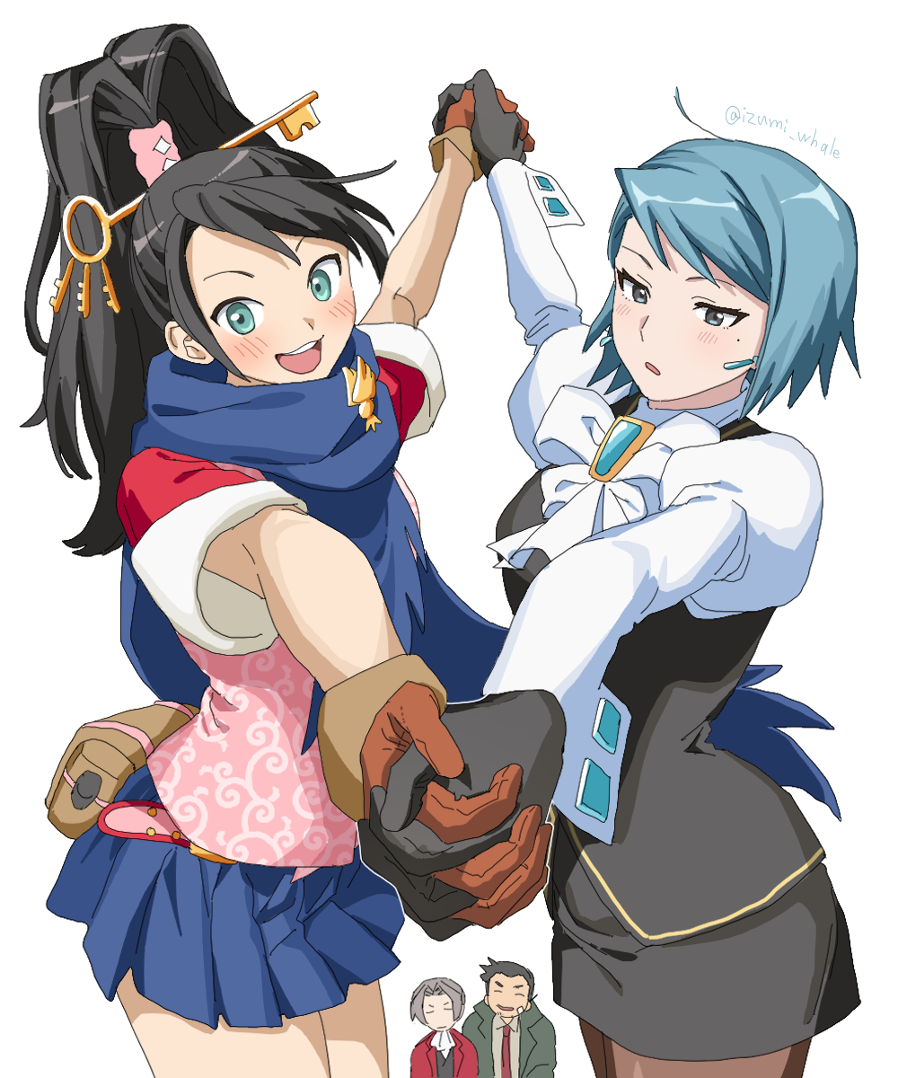 2boys 2girls :d ace_attorney ace_attorney_investigations ascot black_gloves black_hair black_skirt black_vest blue_eyes blue_hair blue_scarf brooch brown_gloves dick_gumshoe earrings franziska_von_karma gloves green_eyes high_ponytail highres holding_hands izumi_whale jewelry juliet_sleeves kay_faraday key_hair_ornament long_hair long_sleeves miles_edgeworth miniskirt mole mole_under_eye multiple_boys multiple_girls open_mouth pantyhose parted_lips pink_shirt pleated_skirt ponytail puffy_sleeves scarf shirt short_hair skirt smile teardrop_earrings vest white_ascot white_background