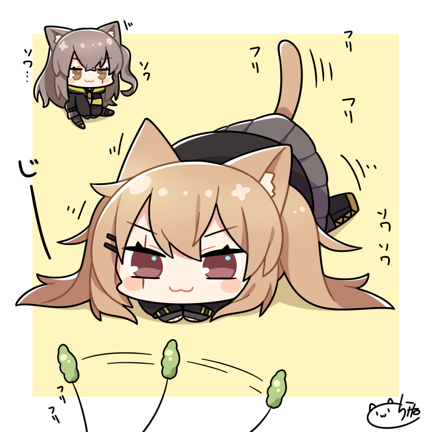2girls :3 animal_ears blush_stickers brown_eyes brown_hair cat_ears cat_tail cattail chibi dokumi girls&#039;_frontline hair_ornament hairclip imminent_pounce kemonomimi_mode long_hair long_sleeves multiple_girls plant pleated_skirt scarf side_ponytail signature sitting skirt sleeves_past_wrists tail twintails ump45_(girls&#039;_frontline) ump9_(girls&#039;_frontline)
