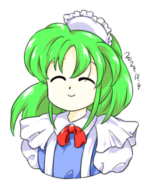 1girl 2023 ^_^ bow bowtie closed_eyes closed_mouth dated green_hair long_hair maid_headdress nonamejd official_style red_bow red_bowtie ruukoto simple_background smile solo touhou touhou_(pc-98) upper_body white_background zun_(style)