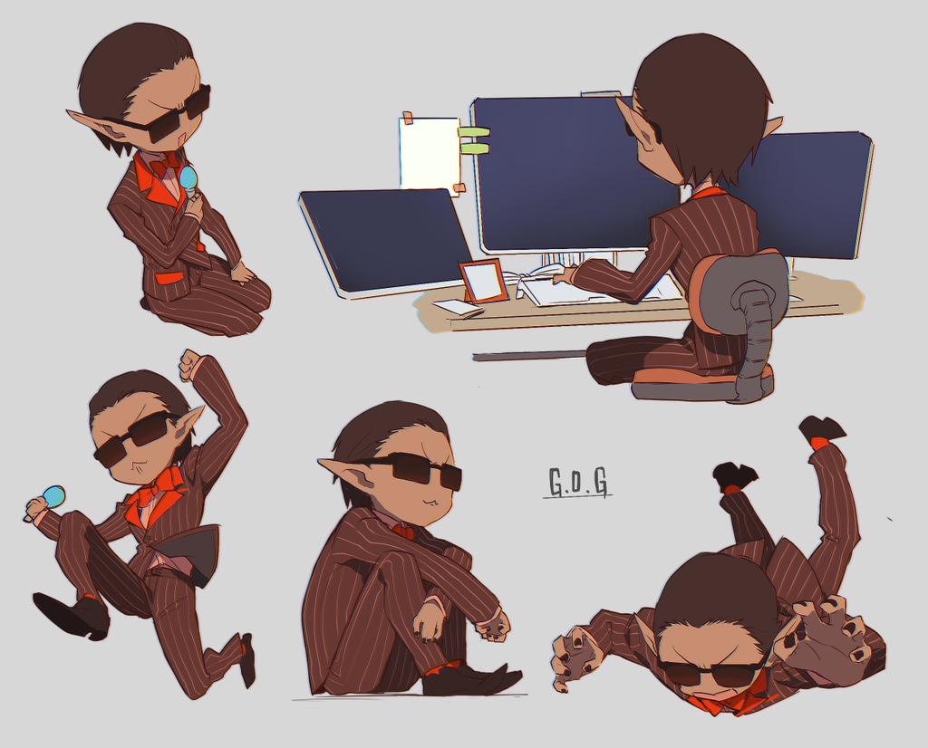 1boy black_nails black_shoes bow bowtie brown_hair brown_pants chair closed_mouth deformed formal_clothes grey_background gwelu_os_gar gwelu_os_gar_(1st_costume) holding holding_microphone jip male_focus microphone multiple_views nijisanji on_chair open_mouth orange_bow orange_bowtie pants shoes suit sunglasses virtual_youtuber