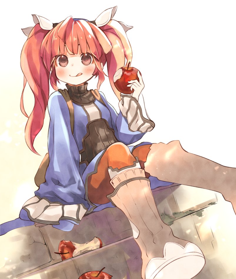 1girl apple black_undershirt blush boots dewprism food fruit full_body hair_ornament kuga_tsukasa licking_lips long_hair looking_at_viewer mint_(dewprism) orange_pantyhose pantyhose red_eyes red_hair sitting smile solo stairs tongue tongue_out twintails