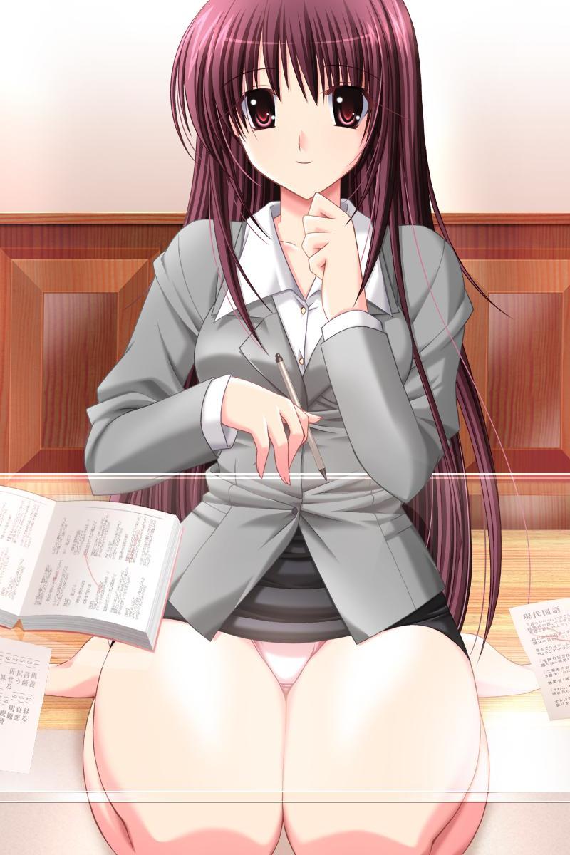 00s 10s atelier_kaguya book choco_chip game_cg glass_table highres katei_kyoushi_no_oneesan kateikyoushi_no_onee-san kneeling long_hair onodera_rio panties red_eyes red_hair senior smile table teacher underwear upskirt
