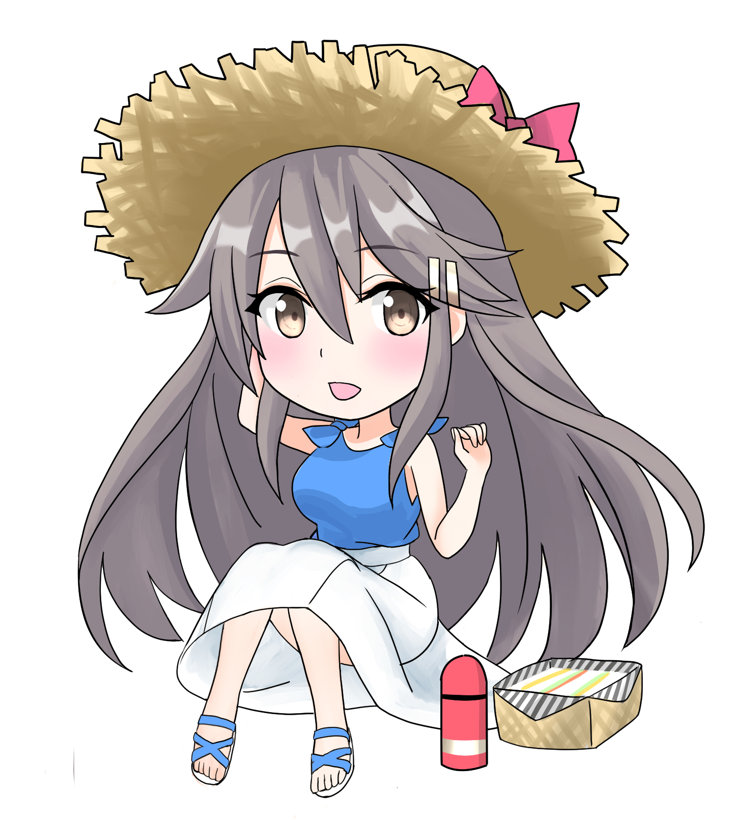 1girl black_hair blue_shirt box brown_eyes hair_ornament hairclip haruna_(kancolle) haruna_(lawson)_(kancolle) hat highres kantai_collection long_hair official_alternate_costume shirt skirt sleeveless sleeveless_shirt smile solo straw_hat sun_hat takase_asagiri thermos white_skirt