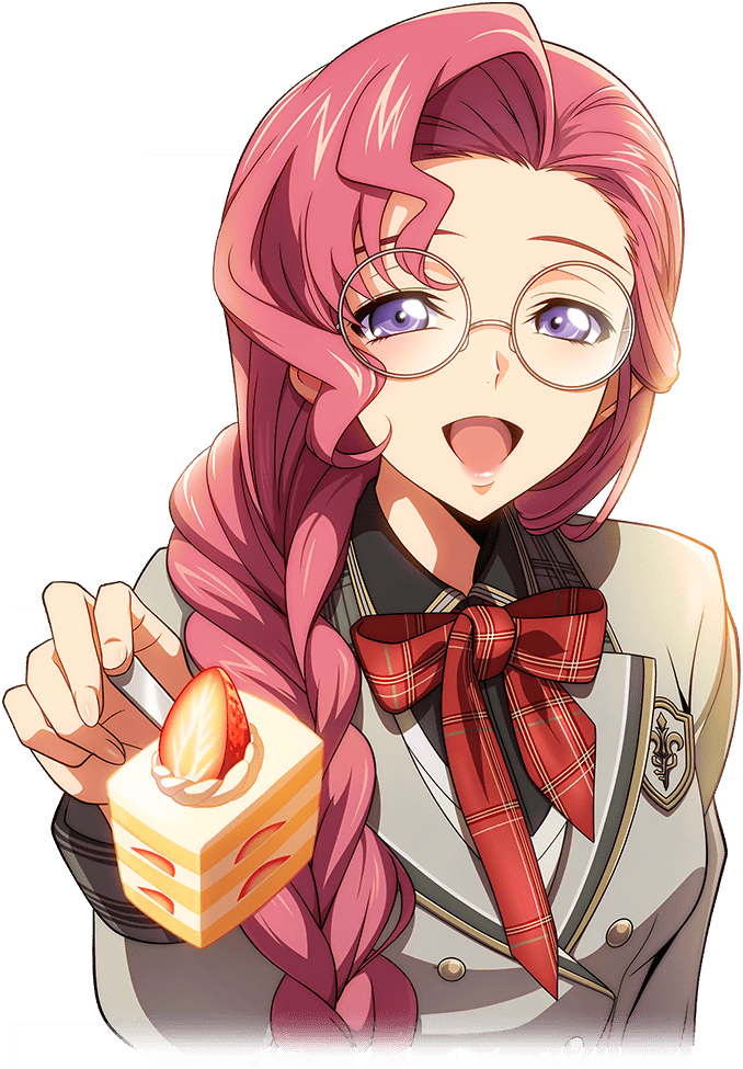 1girl arm_at_side artist_request blue_eyes bow bowtie braid breasts buttons cake cake_slice code_geass code_geass:_lost_stories cropped_torso double-breasted euphemia_li_britannia female_focus food forehead fork fruit game_cg glasses grey_jacket hair_over_shoulder half-closed_eyes hand_up happy holding holding_food holding_fork jacket long_hair long_sleeves looking_at_viewer non-web_source official_art open_mouth pink_hair plaid_bow plaid_bowtie plaid_clothes red_bow red_bowtie round_eyewear school_uniform sidelocks simple_background single_braid small_breasts smile solo strawberry strawberry_shortcake transparent_background upper_body white-framed_eyewear