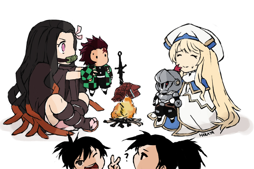 3boys 3girls ;) ? arm_armor arm_shield armor artist_name black_gloves black_hair black_shoes blonde_hair bonfire bottle breastplate brother_and_sister brown_hair chibi chibi_only coat commentary crossover dororo_(character) dororo_(tezuka) dress earrings english_commentary fur-trimmed_armor fur_trim gloves goblin_slayer goblin_slayer! grey_armor grey_helmet haraya_manawari hat helmet holding holding_bottle holding_chibi hyakkimaru_(dororo) indian_style jewelry kamado_nezuko kamado_tanjirou kimetsu_no_yaiba leg_armor light_trail long_hair looking_at_viewer multicolored_coat multiple_boys multiple_girls one_eye_closed priestess priestess_(goblin_slayer!) purple_eyes shoes siblings sitting smile two-tone_coat v white_background white_dress white_hat