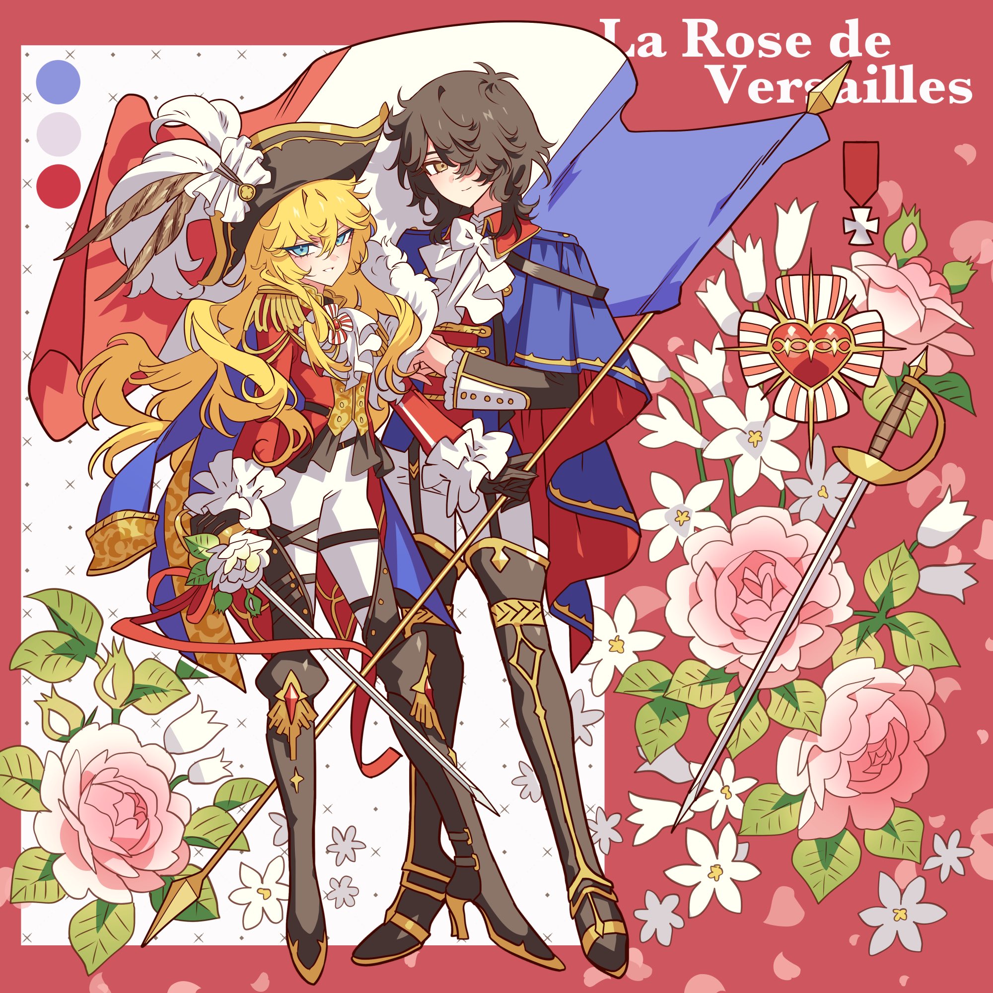 1boy 1girl andre_grandier ascot black_gloves black_shoes blonde_hair blue_capelet blue_eyes blush boots brown_eyes brown_hair capelet copyright_name french_flag french_text full_body gloves hair_between_eyes hair_over_one_eye highres holding holding_sword holding_weapon jacket long_hair meremero oscar_francois_de_jarjayes pants parted_lips red_jacket shoes standing sword thigh_boots versailles_no_bara very_long_hair weapon white_ascot white_pants
