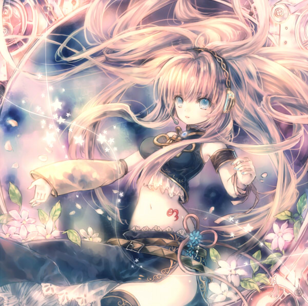 1girl armlet belt black_thighhighs blue_eyes female_focus headphones hip_focus jewelry long_hair looking_at_viewer megurine_luka midriff onineko solo tattoo thighhighs very_long_hair vocaloid zettai_ryouiki