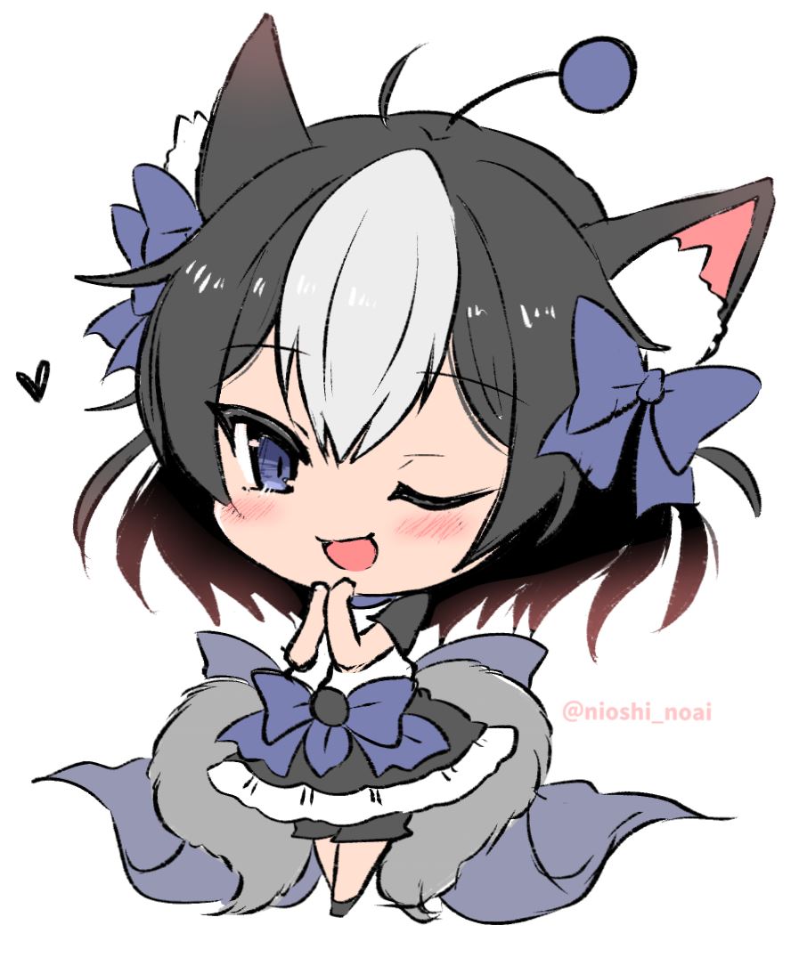 1girl ;d animal_ear_fluff animal_ears black_hair black_shoes black_shorts black_skirt blue_bow blue_eyes blush bow chibi commentary_request frilled_skirt frills full_body grey_hair hair_between_eyes hair_bow hands_up heart looking_at_viewer moochasu multicolored_hair multiple_tails noai_nioshi one_eye_closed open_mouth shirt shoes short_sleeves shorts shorts_under_skirt simple_background skirt smile solo standing tail towelket_wo_mou_ichido twitter_username two-tone_hair two_tails white_background white_shirt
