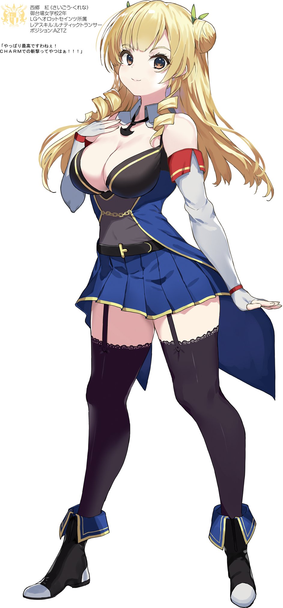 1girl assault_lily bare_shoulders belt blonde_hair blush breasts character_name character_profile cleavage closed_mouth detached_sleeves double_bun drill_hair drill_sidelocks full_body gloves hair_bun hair_ribbon highres long_hair looking_at_viewer nauribon necktie odaiba_girls_high_school_uniform pleated_skirt ribbon saigou_kurena school_uniform shirt short_necktie sidelocks simple_background skirt sleeveless smile thighhighs white_background