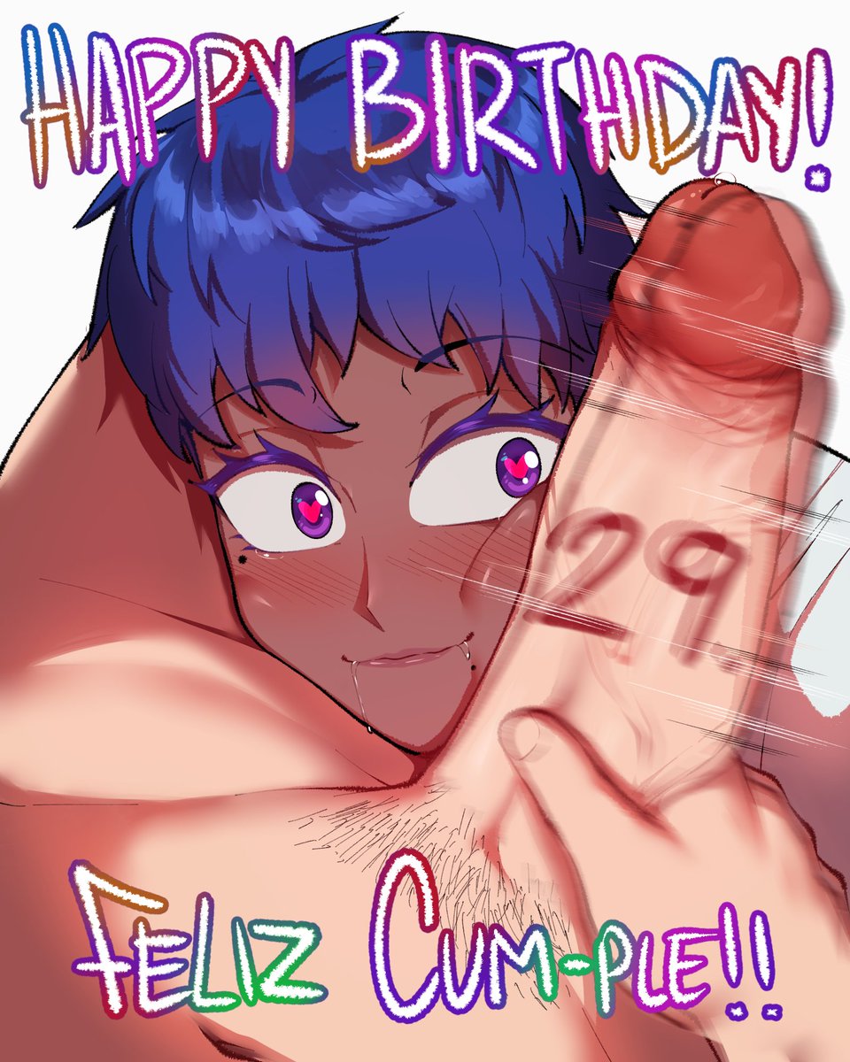 1boy 1girl blush borrowed_character character_age colored_eyelashes dark-skinned_female dark_skin drooling english_text fake_(lord_socar) happy_birthday heart heart-shaped_pupils hetero highres imminent_fellatio interracial looking_at_penis male_pubic_hair mole mole_under_eye original penis penis_awe penis_on_face pov pov_crotch pov_hands precum pubic_hair purple_eyes short_hair simple_background symbol-shaped_pupils tearing_up uncensored veins veiny_penis white_background zoraida_(nyantcha)