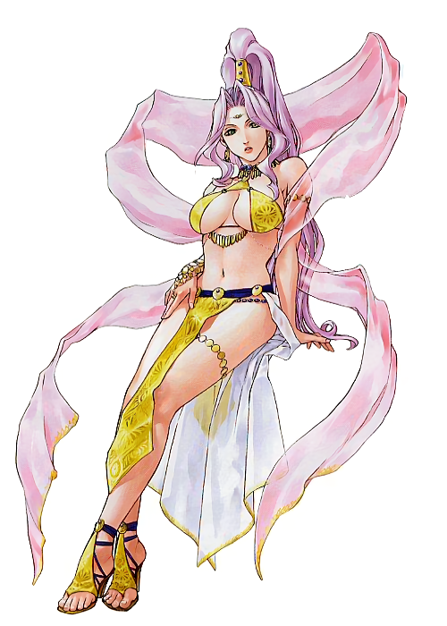 1girl armlet breasts bridal_gauntlets circlet cleavage earrings feet full_body gensou_suikoden gensou_suikoden_v green_eyes hair_ornament hand_on_own_hip high_heels high_ponytail invisible_chair jeane_(suikoden) jewelry large_breasts legs lips lipstick loincloth long_hair long_legs makeup midriff mikisato navel necklace non-web_source official_art open_mouth ponytail purple_hair revealing_clothes sandals see-through_clothes shawl shoes simple_background sitting solo thigh_strap thighs toes very_long_hair wavy_hair white_background