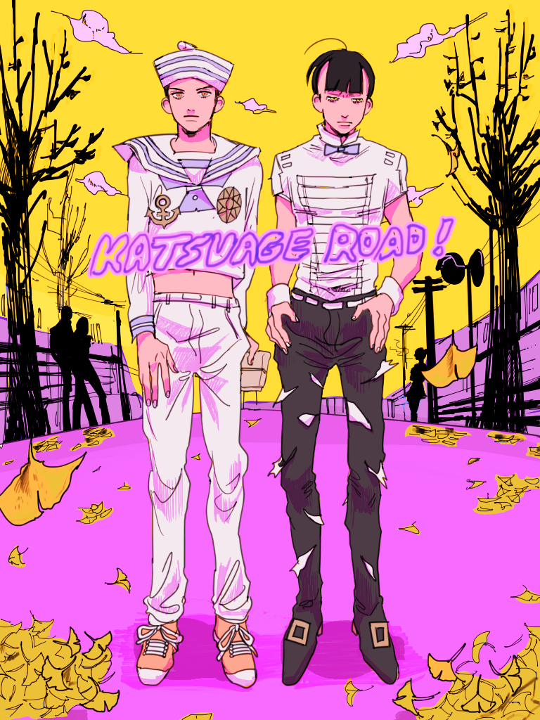 2boys black_hair bow bowtie dixie_cup_hat hat higashikata_joshu higashikata_josuke_(jojolion) jojo_no_kimyou_na_bouken jojolion male_focus mandaman military_hat multiple_boys sailor