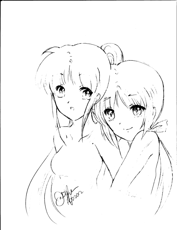 1boy 1girl breasts closed_mouth hetero lineart lyrical_nanoha mahou_shoujo_lyrical_nanoha_strikers monochrome open_mouth signature sketch small_breasts smile takamachi_nanoha usathroughout yuuno_scrya