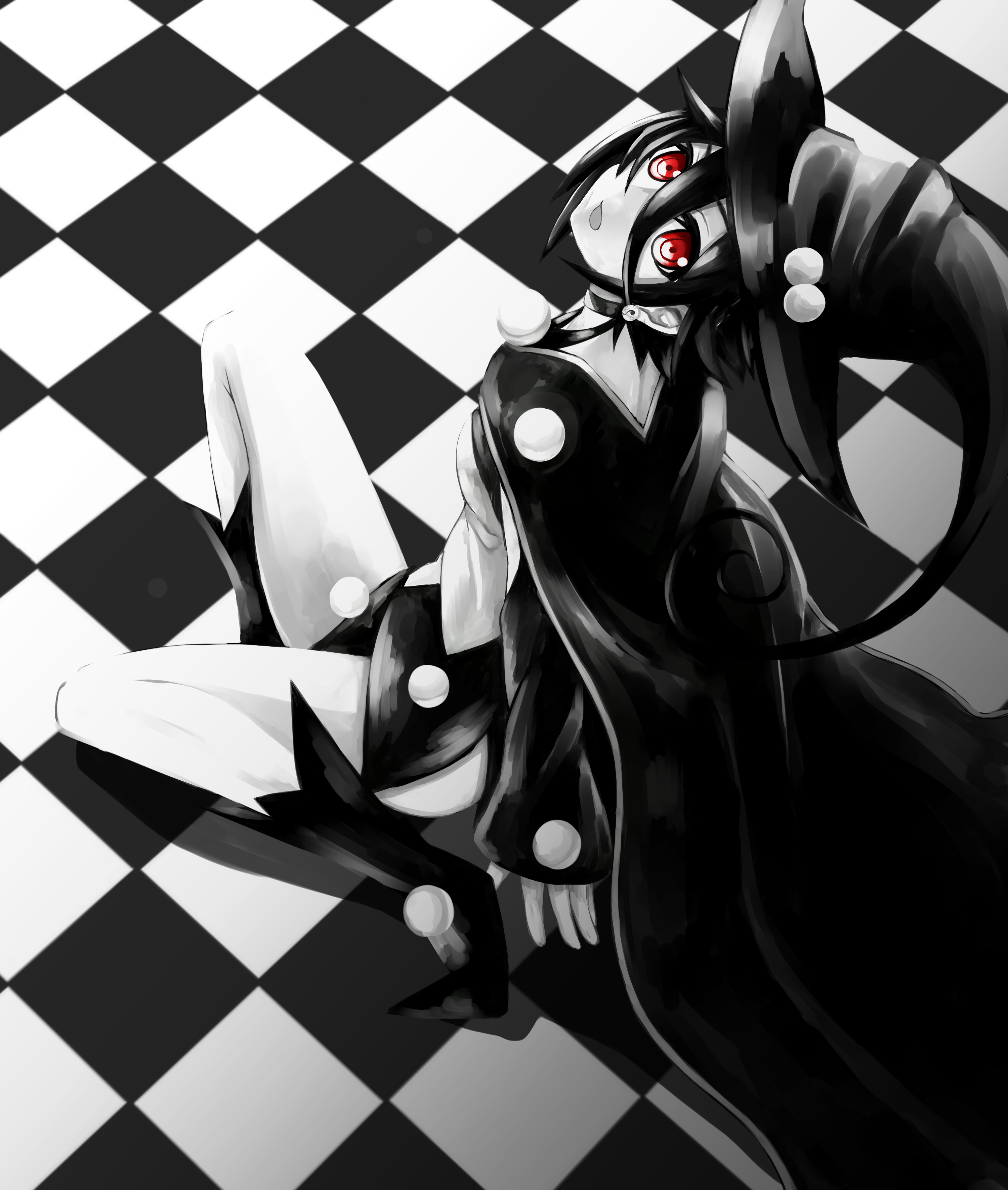 10s 1girl absurdres arm_warmers black_hair breasts checkered_floor choker earrings female_focus floor greyscale hat highres jewelry kazumi_(madoka_magica) looking_at_viewer looking_up magical_girl mahou_shoujo_kazumi_magica mahou_shoujo_madoka_magica monochrome open_mouth red_eyes short_hair skirt smile solo underboob witch_hat