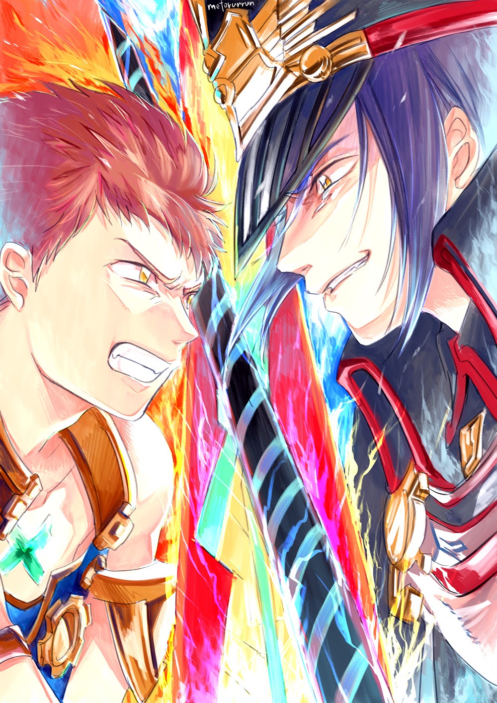 1boy 1girl aegis_sword_(xenoblade) battle blue_hair brown_hair chest_jewel clash duel fighting hat highres metorurun military_uniform morag_ladair_(xenoblade) rex_(xenoblade) short_hair sword_clash xenoblade_chronicles_(series) xenoblade_chronicles_2 yellow_eyes