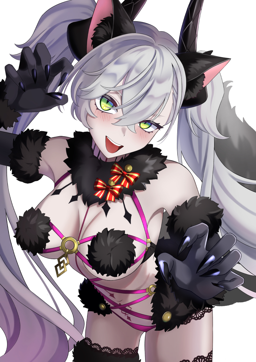 1girl animal_ears bare_shoulders black_gloves black_panties black_thighhighs blush body_markings bow breasts cleavage crossed_bangs demon_girl demon_horns elbow_gloves fate/grand_order fate_(series) fur-trimmed_gloves fur-trimmed_thighhighs fur_collar fur_trim gloves green_eyes grey_hair hair_between_eyes highres horns lace lace-trimmed_thighhighs lace_trim large_breasts lilith_(fate) long_hair looking_at_viewer mash_kyrielight mash_kyrielight_(dangerous_beast) navel o-ring open_mouth panties revealing_clothes sakura_kaoru_04 smile solo stomach_tattoo tail tattoo thighhighs thighs twintails underwear very_long_hair wolf_ears wolf_tail