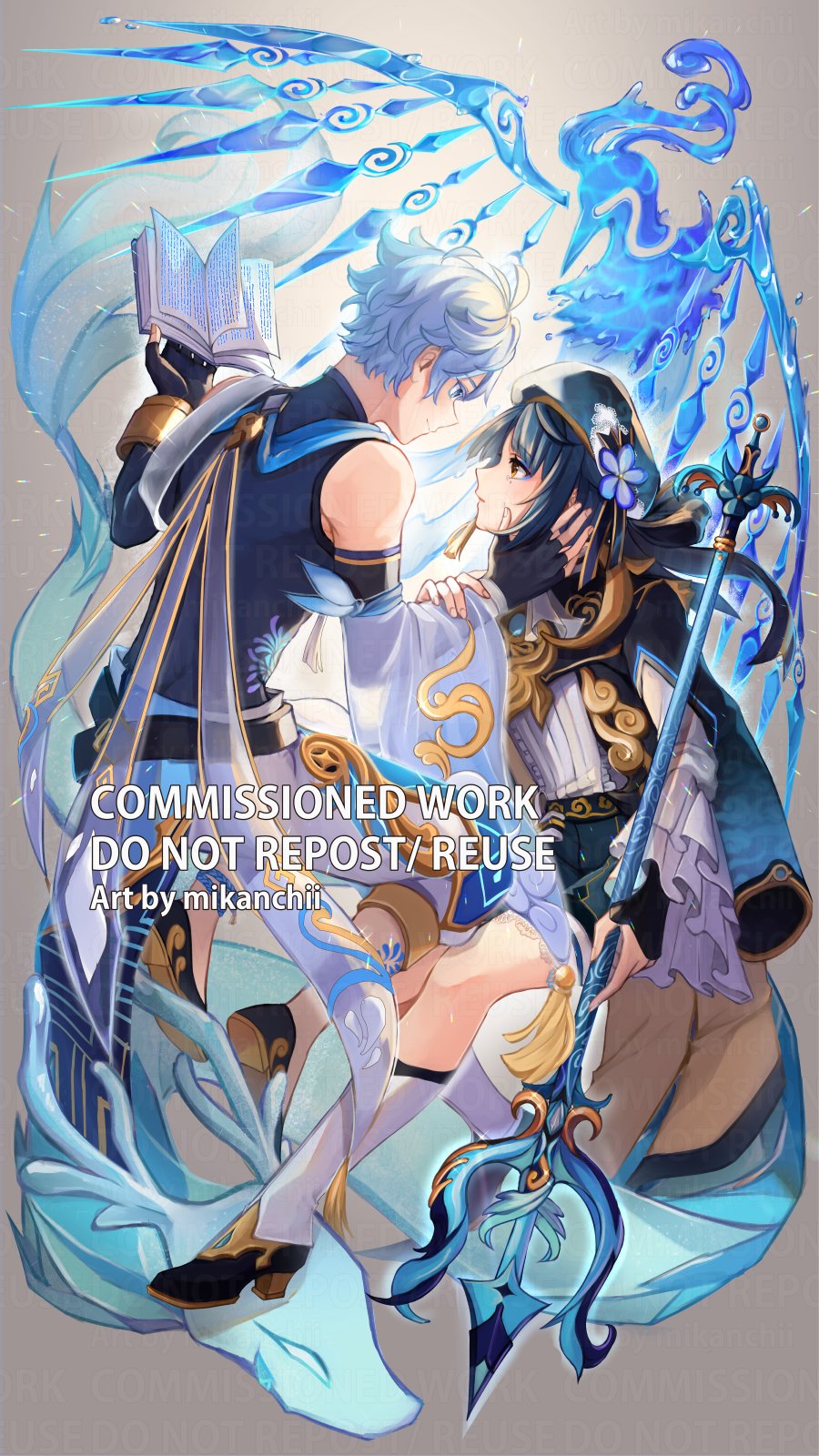 2boys ahoge alternate_costume artist_name ascot asymmetrical_hair belt beret bird black_belt black_gloves black_shirt black_shoes blue_coat blue_eyes blue_eyeshadow blue_flower blue_hair blue_hat blue_ribbon blue_shorts book bracelet cape center_frills chongyun_(genshin_impact) closed_mouth coat coat_on_shoulders commentary commission crane_(animal) detached_sleeves dragon earrings eastern_dragon elbow_gloves english_commentary eye_contact eyeshadow fingerless_gloves flower frilled_sleeves frills genshin_impact gloves gold_trim grey_background hand_on_another&#039;s_cheek hand_on_another&#039;s_face hand_up hands_up hat hat_flower hat_ribbon high_heels highres holding holding_book holding_polearm holding_weapon ice jewelry lace_trim long_sleeves looking_at_another makeup male_focus mikanchii mole mole_under_eye multiple_boys open_book pants parted_bangs polearm profile ribbon see-through_cape shirt shoes short_hair short_shorts shorts single_earring sleeveless sleeveless_shirt socks sparkle spear tassel tassel_earrings tears water watermark weapon white_pants white_shirt white_socks wide_sleeves xingqiu_(genshin_impact)