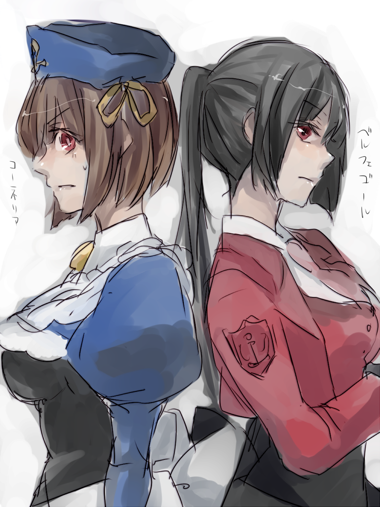 2girls back-to-back belphegor_(umineko) black_hair brown_hair cornelia_(umineko) gradient_background hat juliet_sleeves long_sleeves multiple_girls no_naku_koro_ni_(series) ponytail puffy_sleeves red_eyes sofy sweat translation_request umineko_no_naku_koro_ni