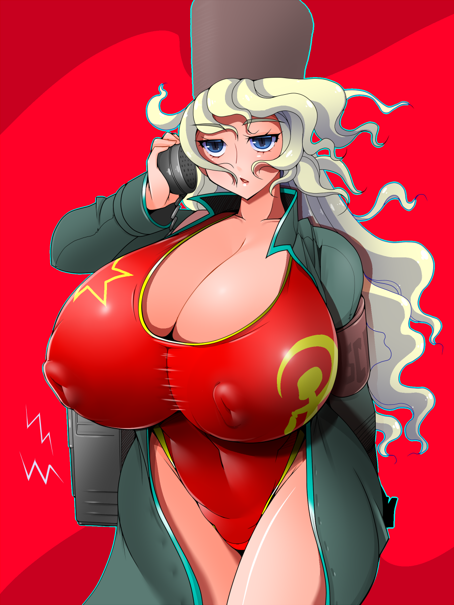 1girl amano_taiki blonde_hair blue_eyes breasts cleavage curvy covered_erect_nipples female_focus fur_hat gigantic_breasts groin hammer_and_sickle hat highres hip_focus huge_nipples long_hair one-piece_swimsuit phone solo soviet standing swimsuit thick_thighs thighs ushanka wide_hips
