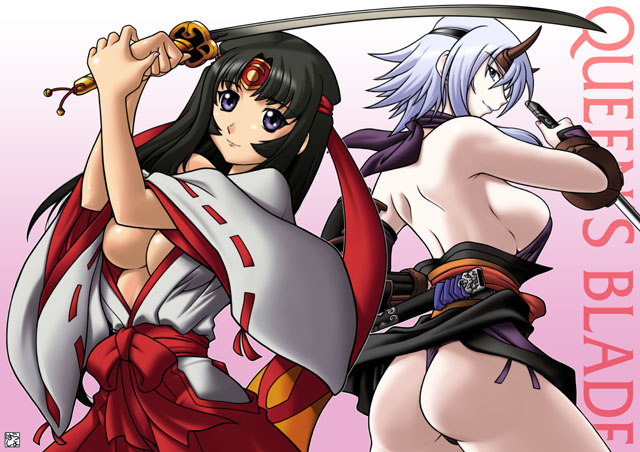 00s 2girls black_hair blue_eyes breasts cleavage harada_shoutarou headband horns japanese_clothes katana large_breasts long_hair miko multiple_girls musha_miko_tomoe ninja panties queen&#039;s_blade shizuka_(queen&#039;s_blade) sideboob silver_hair smile sword thong tomoe_(queen&#039;s_blade) tomoe_(queen&#039;s_blade) underwear weapon