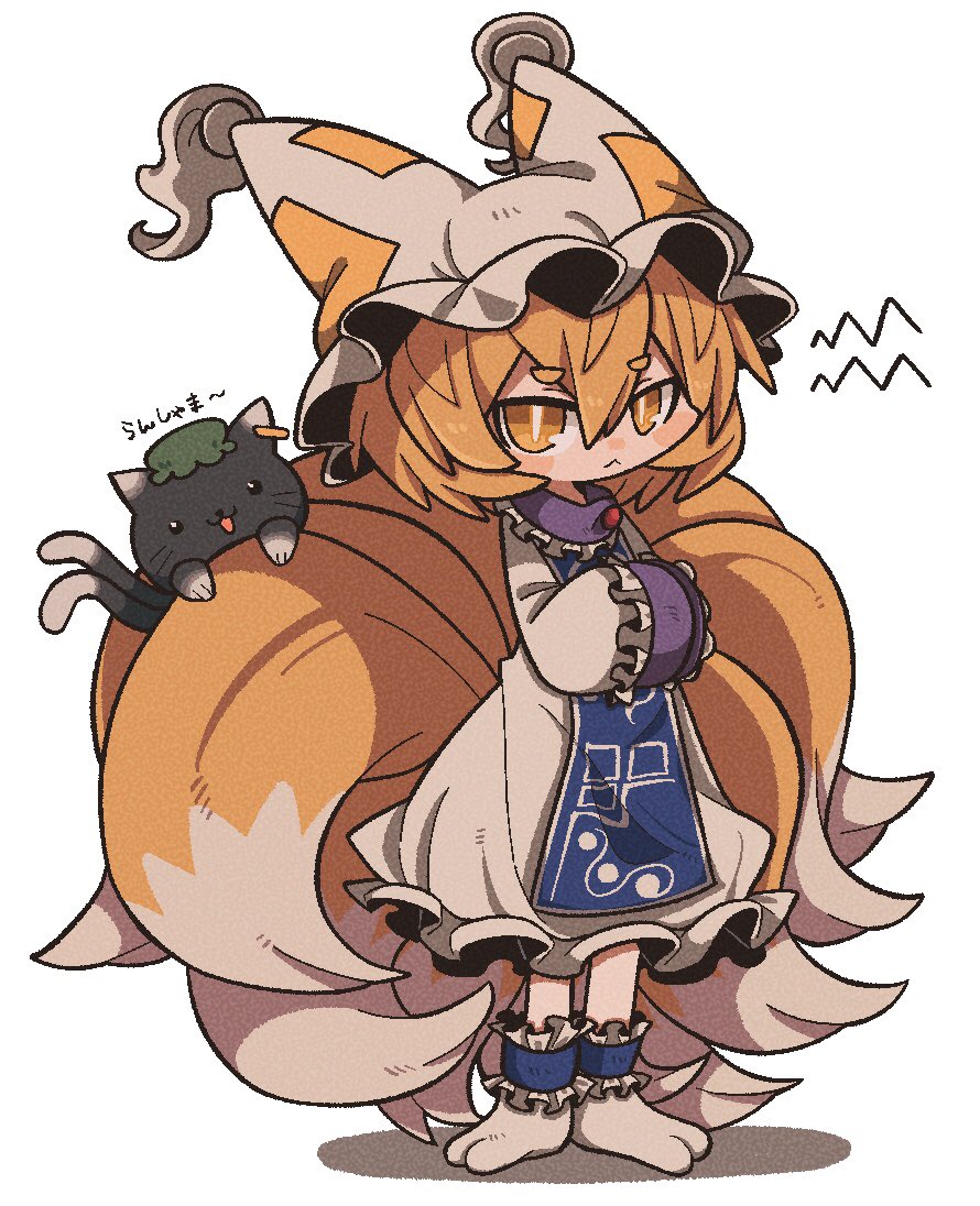 1girl animal_ears annoyed blonde_hair cat chen chen_(cat) chibi dress fox_ears fox_girl fox_tail green_hat hands_in_opposite_sleeves hat looking_at_viewer mob_cap multiple_tails own_hands_together tail touhou white_background white_dress yakumo_ran yellow_eyes zunusama