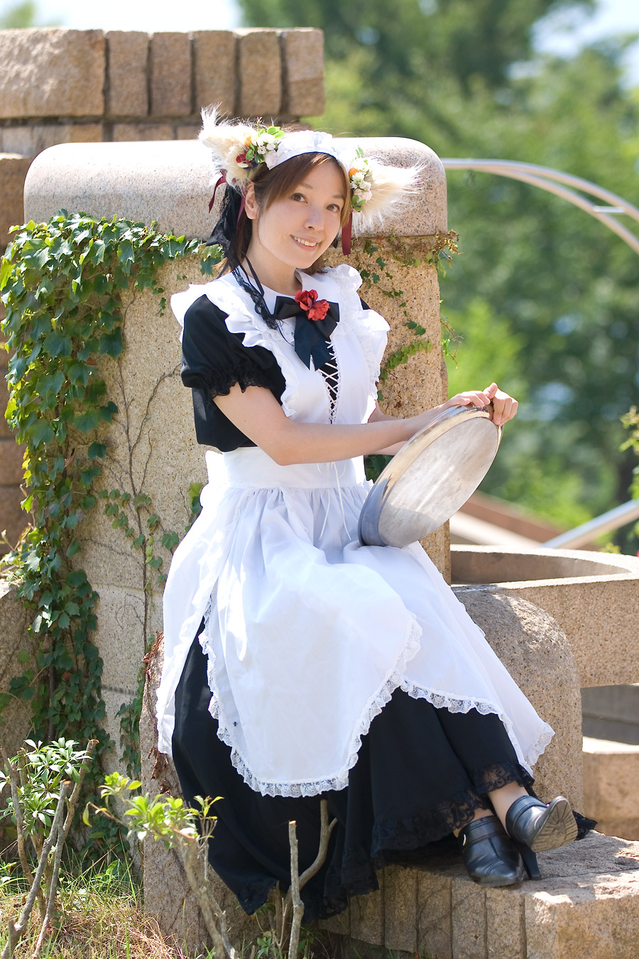 animal_ears anya apron cosplay dog_ears highres maid maid_apron photo_(medium) tray