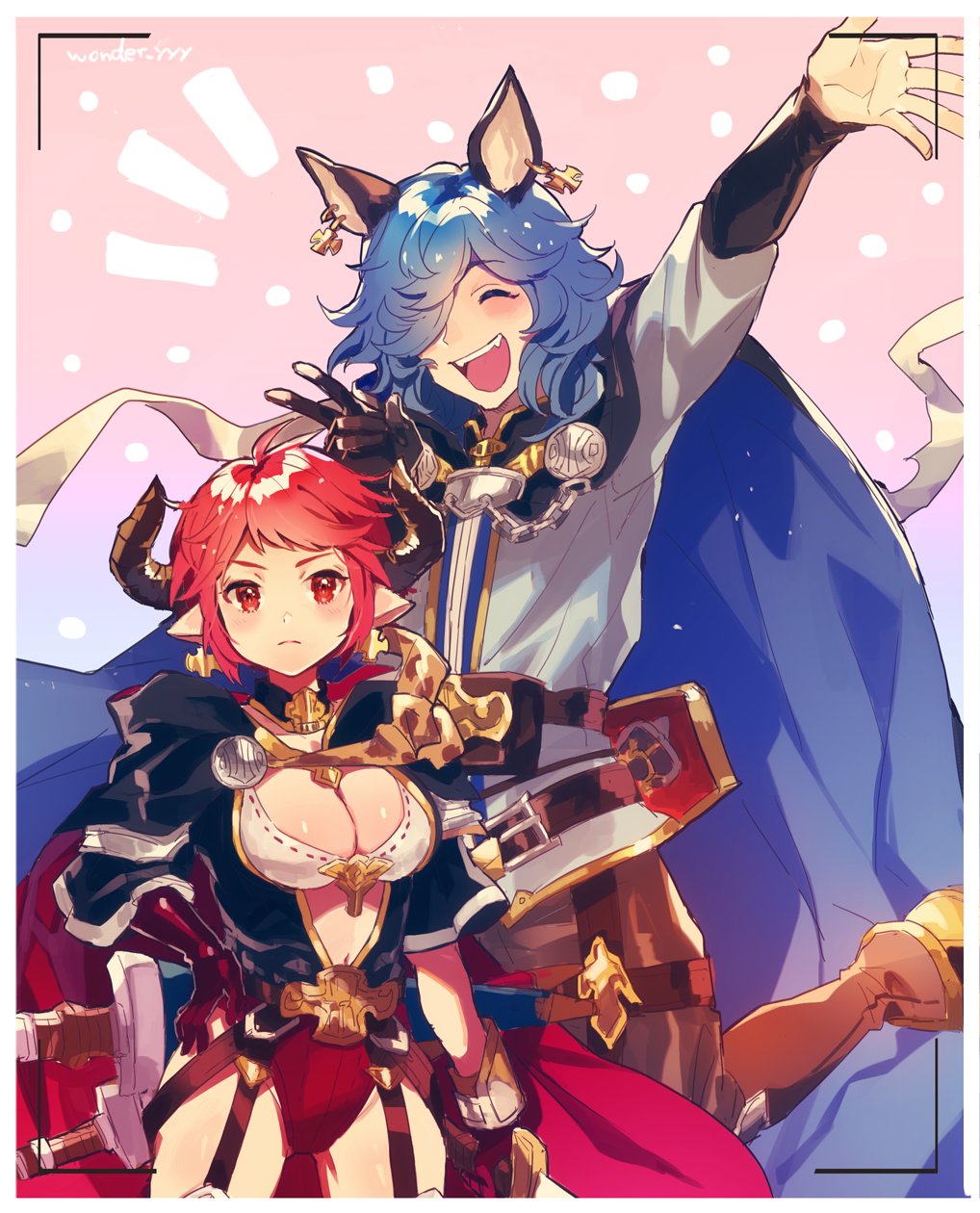 1boy 1girl ^_^ animal_ears arm_up belt black_cape black_collar black_gloves black_hood blue_cape blue_hair border breasts brown_pants cape cleavage closed_eyes closed_mouth collar commentary cross cross_earrings drang_(granblue_fantasy) draph earrings erune fangs garter_straps gloves granblue_fantasy hair_over_one_eye hand_up happy highres hood hood_down horns jewelry kuroda_(kuro_yyy) large_breasts leotard medium_hair navel notice_lines one_eye_covered open_mouth pants pink_background pointy_ears red_eyes red_gloves red_hair red_leotard shirt single_glove smile standing standing_on_one_leg sturm_(granblue_fantasy) sword sword_on_back thighs two-tone_cape v weapon weapon_on_back white_border white_shirt