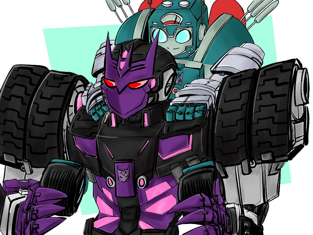 1boy 1girl bad_id blue_eyes carrying decepticon helmet huh_3_huh inactive_account mask mecha mechabare nickel_(transformers) red_eyes robot shoulder_carry size_difference tarn the_transformers_(idw) transformers