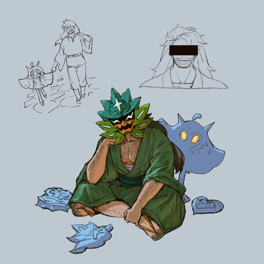 1boy arm_hair black_hair censored censored_identity chest_hair collarbone commentary facial_hair go-lurk grey_background hand_up head_rest holding_hands leg_hair long_hair male_focus mask multiple_views nintendo ogerpon ogerpon&#039;s_friend partially_colored pokemon pokemon_(creature) pokemon_sv ponytail sandals sash sitting star-shaped_pupils star_(symbol) stubble symbol-shaped_pupils toes unworn_mask yellow_eyes