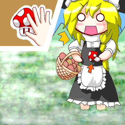 8d cloud crossover giant giantess kirisame_marisa lowres mario_(series) mushroom myonde nintendo oekaki parody solo super_marisa_world super_mushroom touhou