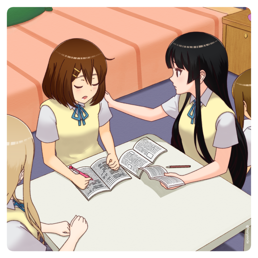 4girls akiyama_mio bed bedroom black_eyes black_hair blonde_hair blue_ribbon book border brown_hair closed_eyes collared_shirt hair_ornament hairclip hand_on_another&#039;s_shoulder hirasawa_yui ho-kago_tea_time holding holding_book holding_pen indoors k-on! kotobuki_tsumugi long_hair looking_at_another morynocle multiple_girls neck_ribbon notebook open_book pen pencil ribbon school_uniform shadow shirt short_hair short_sleeves sweater_vest table tainaka_ritsu white_border white_shirt yellow_sweater_vest