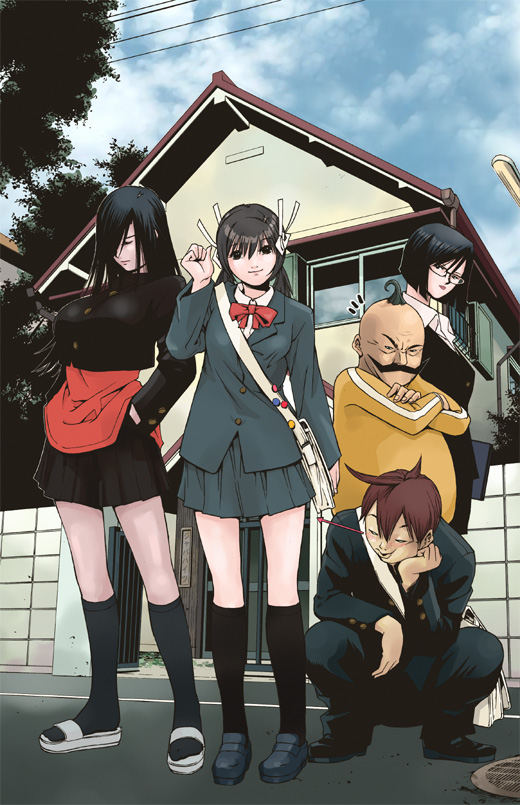2boys 3girls akabane_taiyo black_hair black_socks blazer blue_sky blunt_bangs bow bowtie brown_hair building chou-mukiryoku_sentai_japafive day formal_clothes house jacket japafive kaeda kneehighs loafers looking_at_viewer mary_janes multiple_boys multiple_girls nangoku_tsumomo outdoors pants pleated_skirt red_bow red_bowtie sato_masaki_(masayakofu) shinkai_nagisa shoes short_hair skirt sky socks squatting standing suit thighhighs zettai_ryouiki