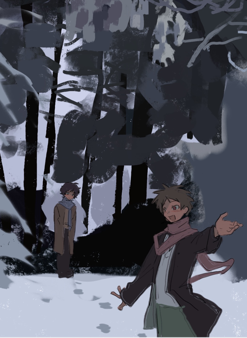 2boys alternate_costume black_hair black_jacket black_pants blue_scarf brown_coat brown_hair brown_shirt closed_mouth coat green_pants grey_eyes grey_sweater harada_minoru highres jacket jyfuig male_focus multiple_boys open_clothes open_coat open_jacket open_mouth outdoors outstretched_arm pants red_eyes red_scarf saibou_shinkyoku scarf shirt short_hair smile snow sweater utsugi_noriyuki winter winter_clothes