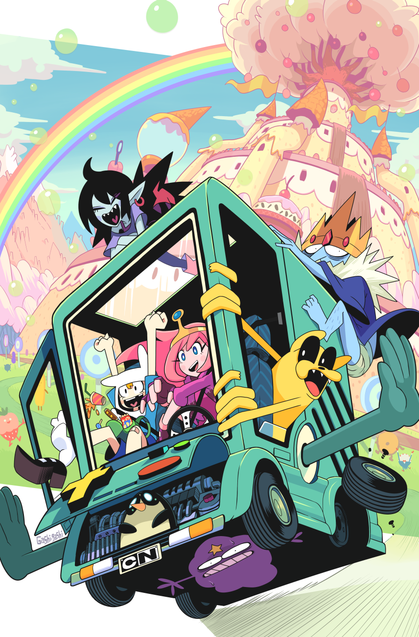 2boys 2girls adventure_time banana bandaid blue_skin blush blush_stickers bmo bubble candy car cartoon_network castle cinnamon_bun cloud colored_skin colorful driving finn_the_human food fruit gashi-gashi gunter_(adventure_time) happy heart heart_in_mouth highres hood ice_king jake jake_the_dog lumpy_space_princess marceline_abadeer missing_tooth motor_vehicle mountain multiple_boys multiple_girls open_mouth outdoors peppermint_butler pink_hair pointy_ears princess_bonnibel_bubblegum rainbow sky smile strawberry tiara tree vehicle_focus