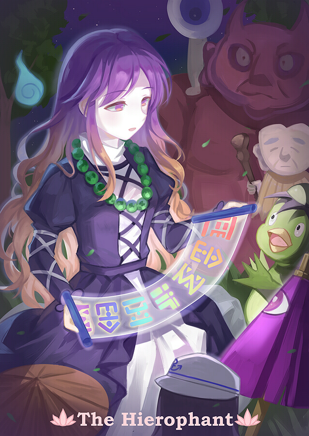 1girl bead_necklace beads black_dress brown_eyes brown_hair dress gradient_hair hijiri_byakuren jewelry juliet_sleeves kappa karakasa_obake layered_dress long_hair long_sleeves multicolored_hair necklace night open_mouth puffy_sleeves purple_hair scroll solo sorcerer&#039;s_sutra_scroll touhou traditional_youkai tree umbrella vikramjoti white_dress