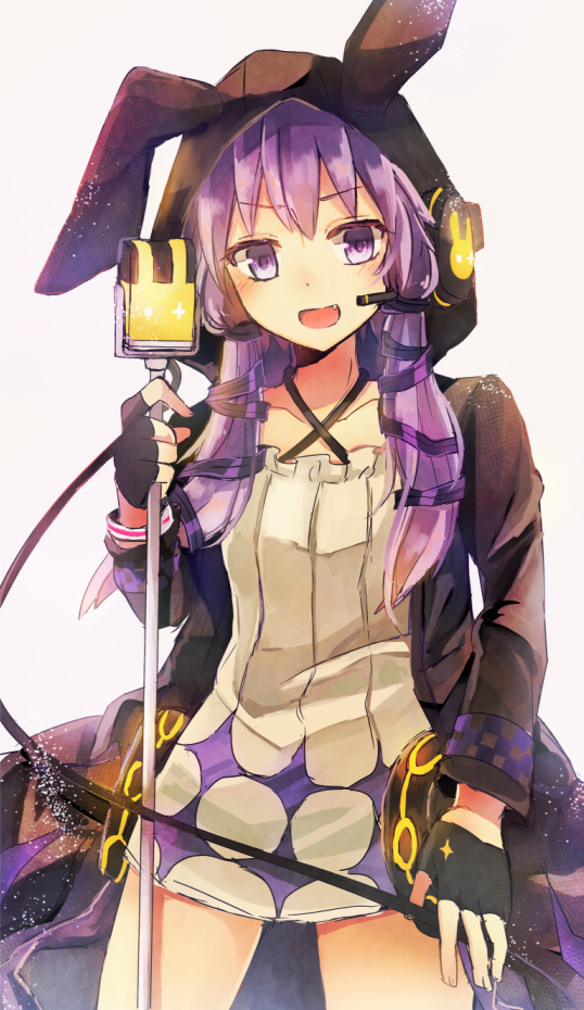 1girl animal_hood animal_print collarbone dress fang female_focus fingerless_gloves gloves hair_ribbon headset holding hood hooded_jacket jacket long_hair looking_at_viewer microphone microphone_stand open_mouth purple_eyes purple_hair rabbit_hood rabbit_print ribbon smile solo strapless strapless_dress suisetsu_mizuna tube_dress twintails v4x vocaloid voiceroid yuzuki_yukari yuzuki_yukari_(lin) yuzuki_yukari_(vocaloid4)