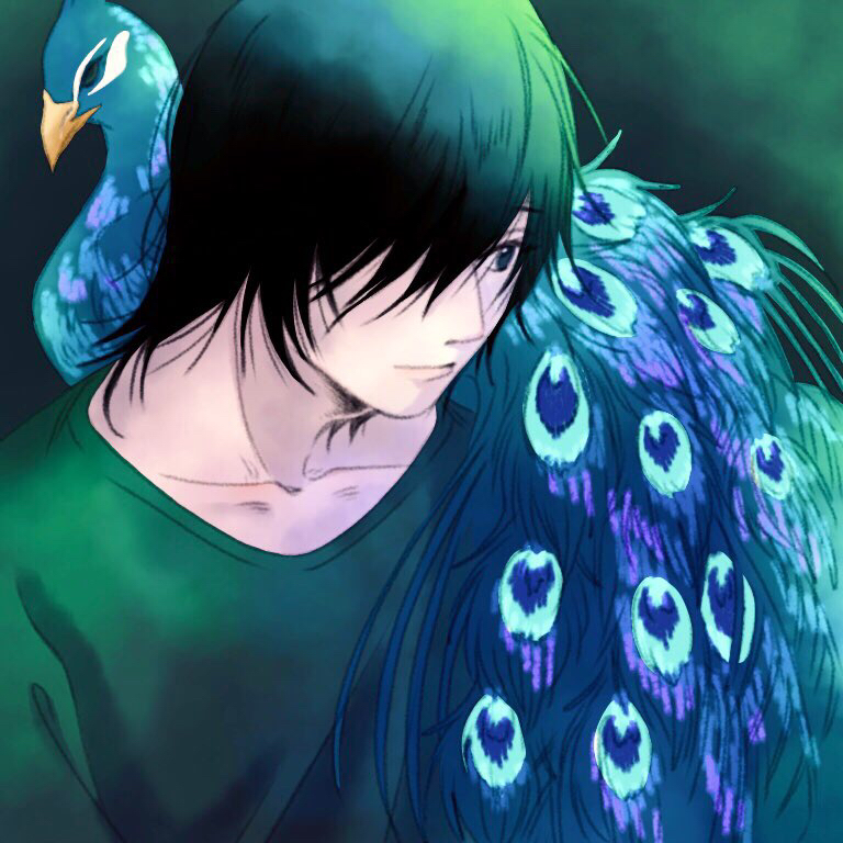 1boy ahiru_no_sora animal animal_on_shoulder bad_id bad_pixiv_id bird bird_on_shoulder black_hair character_request check_character collarbone dark_background green_shirt hair_over_one_eye jpeg_artifacts kaname_shigeyoshi long_hair male_focus peacock shirt solo t-shirt tuzuriya upper_body