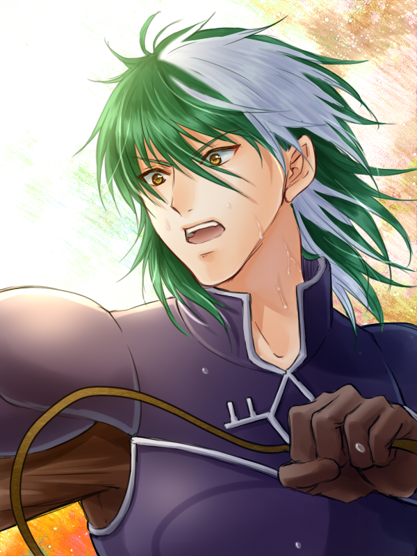 1boy armor bad_id bad_pixiv_id fire_emblem fire_emblem:_the_blazing_blade gloves green_hair hanasaki_komugi heath_(fire_emblem) long_hair male_focus multicolored_hair nintendo open_mouth portrait solo teeth two-tone_hair white_hair yellow_eyes