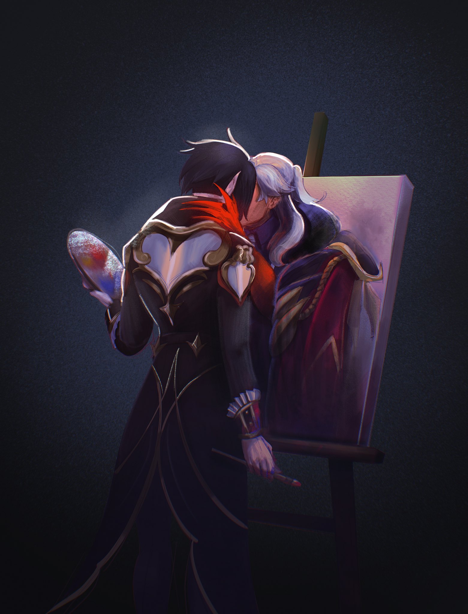 2boys alternate_costume andi_doodle_stash black_hair black_shirt collared_shirt facing_another gradient_background grey_hair heart highres holding holding_paint_palette holding_paintbrush holding_paint_palette implied_kiss jacket league_of_legends long_hair long_sleeves multiple_boys paint_palette paintbrush paint_palette pointy_ears portrait_(object) red_jacket shirt short_hair standing swain_(league_of_legends) vladimir_(league_of_legends) yaoi
