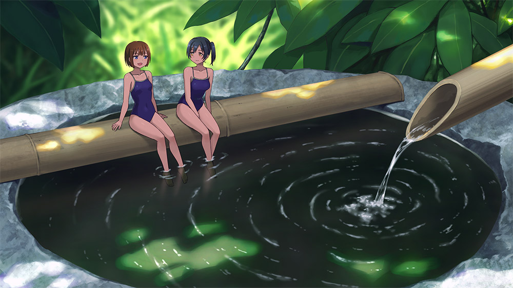 2girls :d arm_support bamboo bare_shoulders between_legs black_hair blue_eyes blue_one-piece_swimsuit blurry blurry_background bob_cut breasts brown_hair closed_mouth collarbone commentary depth_of_field foliage fountain green_water hand_between_legs hashi leaf long_hair medium_breasts mini_person minigirl multiple_girls new_school_swimsuit one-piece_swimsuit open_mouth original paid_reward_available ripples school_swimsuit shishi_odoshi short_hair side-by-side side_ponytail sitting smile soaking_feet swimsuit water yellow_eyes