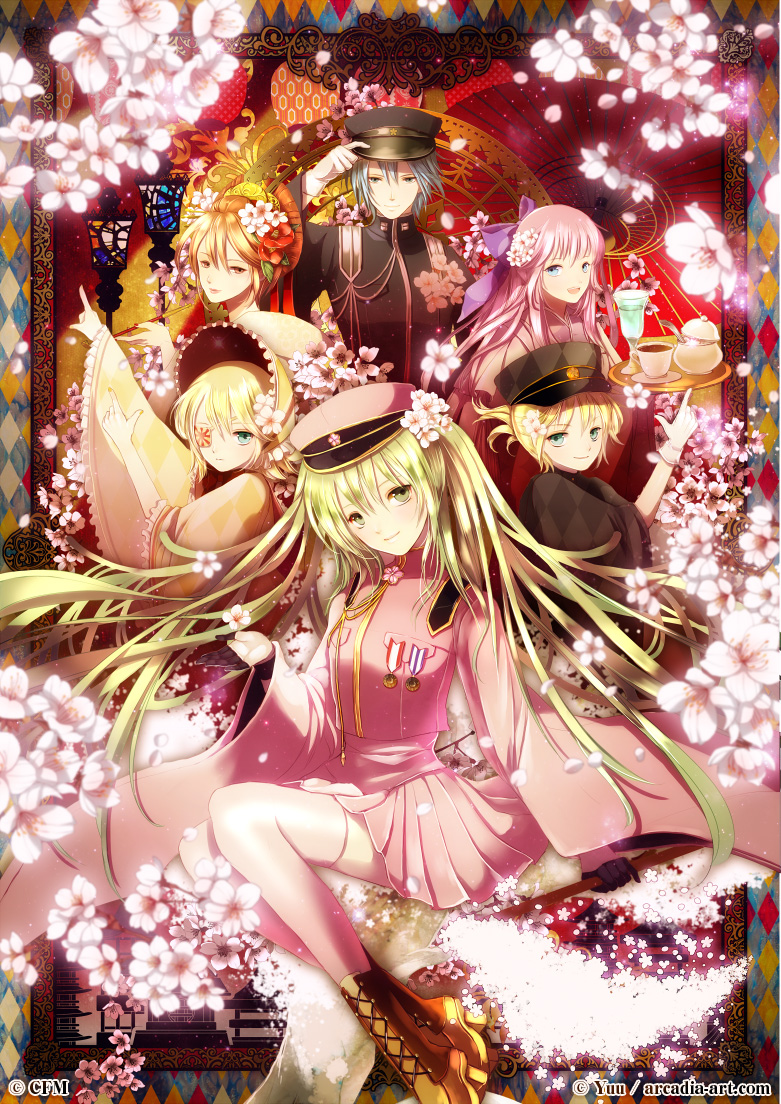 2boys 4girls artist_name blonde_hair blue_eyes blue_hair boots brown_eyes brown_hair eyepatch flower gloves green_eyes green_hair hair_flower hair_ornament hat hatsune_miku high_heels kagamine_len kagamine_len_(ni_no_sakura_senbu) kagamine_rin kagamine_rin_(ni_no_sakura_kouchou) kaito_(rei_no_sakura_sousetsu)_(vocaloid) kaito_(vocaloid) lace-up_boots long_hair medal megurine_luka megurine_luka_(san_no_sakura_fuuka) meiko_(rei_no_sakura_benitsubaki)_(vocaloid) meiko_(vocaloid) multiple_boys multiple_girls peaked_cap pink_hair pointing project_diva_(series) project_diva_f senbon-zakura_(vocaloid) shoes skirt thighhighs very_long_hair vocaloid yuu_(arcadia)