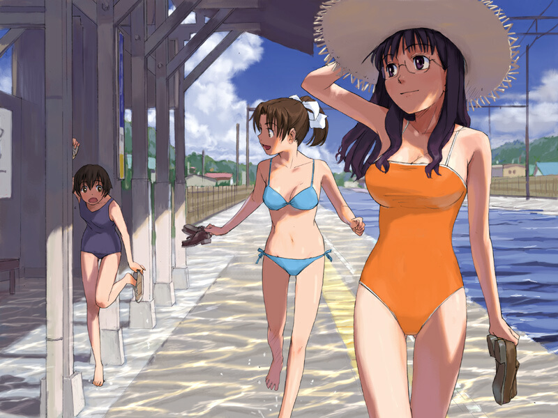 3girls bikini black_hair bow breasts brown_hair cloud day flood glasses hair_bow hand_on_headwear hat holding holding_shoes long_hair multiple_girls naruko_hanaharu original ponytail purple_hair shoes short_hair side-tie_bikini_bottom standing standing_on_one_leg straw_hat string_bikini sun_hat swimsuit wading water